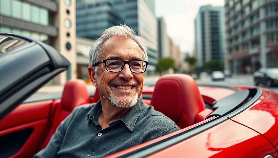 Older man smiling in red convertible sports car, urban background.