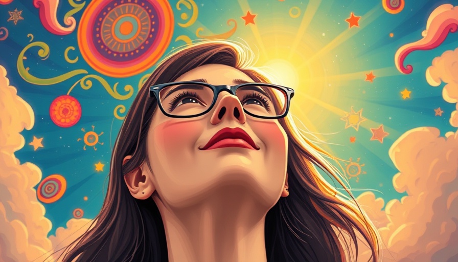 Whimsical woman gazing upward in vibrant celestial sky, self-care for neurodivergence.