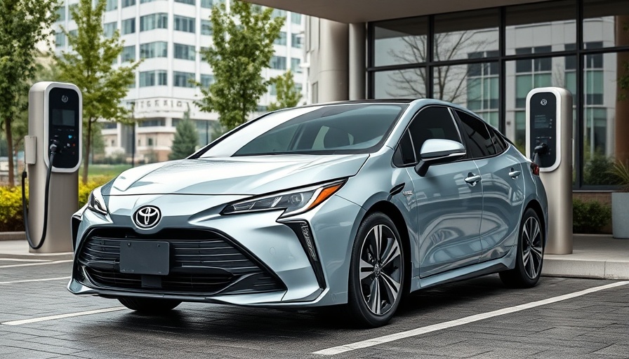 Sleek Toyota electric car at charging station, urban setting.
