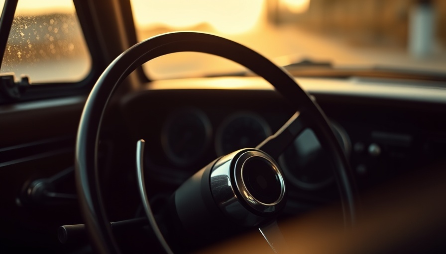 Close-up of vintage car steering wheel under warm lighting.