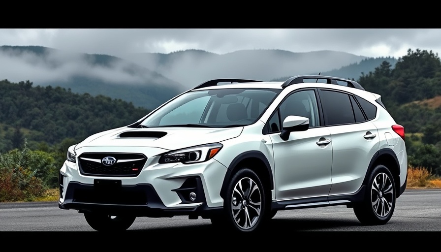 White Subaru SUV with hybrid engine parked on misty hill.