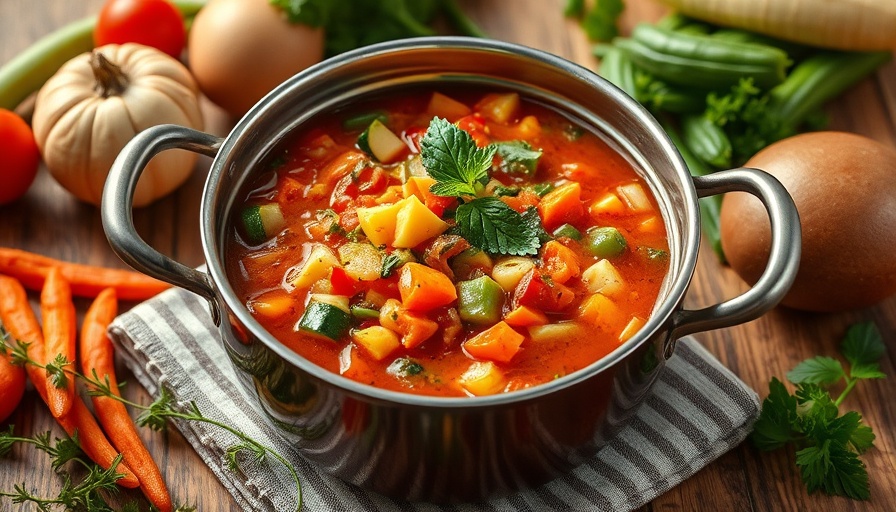 Vibrant vegetarian minestrone soup with fresh vegetables in a pot.