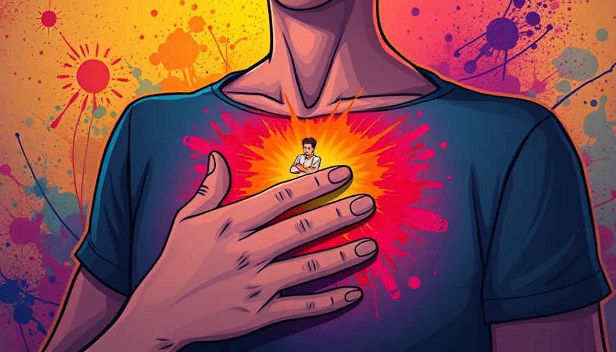 Abstract illustration of inner critic and trauma, person with hand on chest.