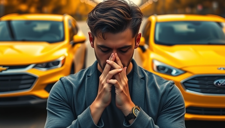 American cars rivalry: Chevrolet vs. Ford with a contemplative enthusiast.