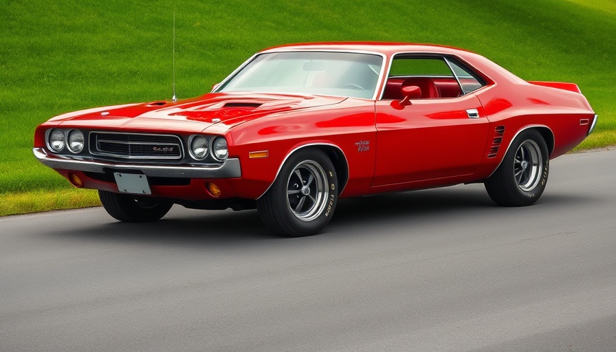 Red vintage muscle car on asphalt, dynamic styling, vibrant setting.