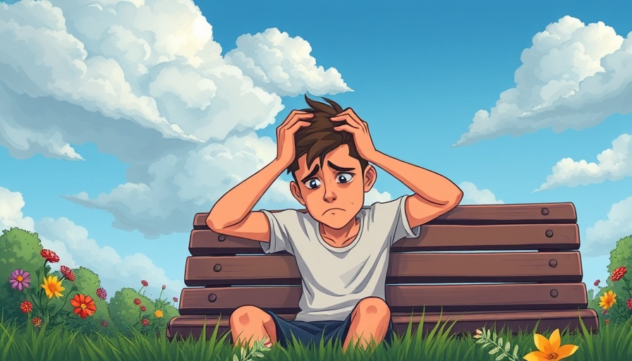 Burnout self-care illustration depicting overwhelmed man on park bench.