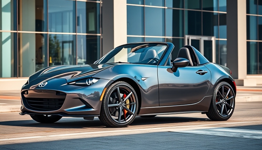 Sleek metallic gray Mazda Miata parked in urban setting for review.