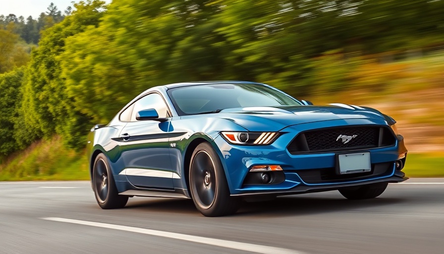 Sleek blue Ford Mustang moving dynamically on a scenic road.