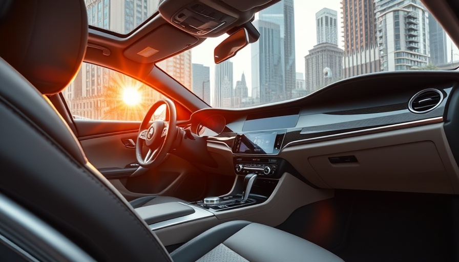 Premium car floor mats in a luxurious car interior, cityscape view.
