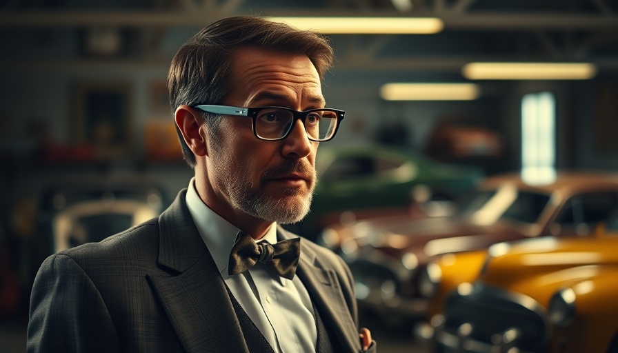 Distinguished man in vintage car garage discussing classic cars.