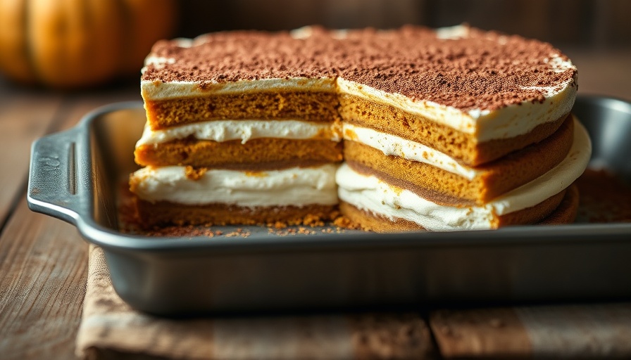 Creamy pumpkin tiramisu dessert layered with cocoa dusting.