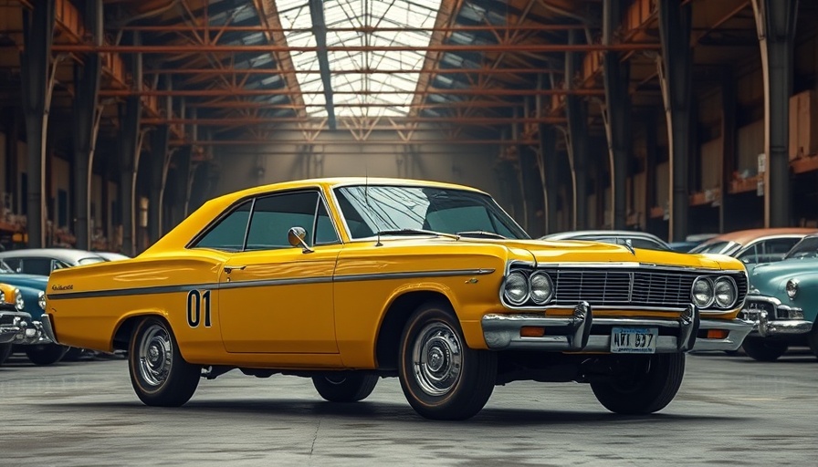 Vintage yellow car in a warehouse for digital vs lane auctions.