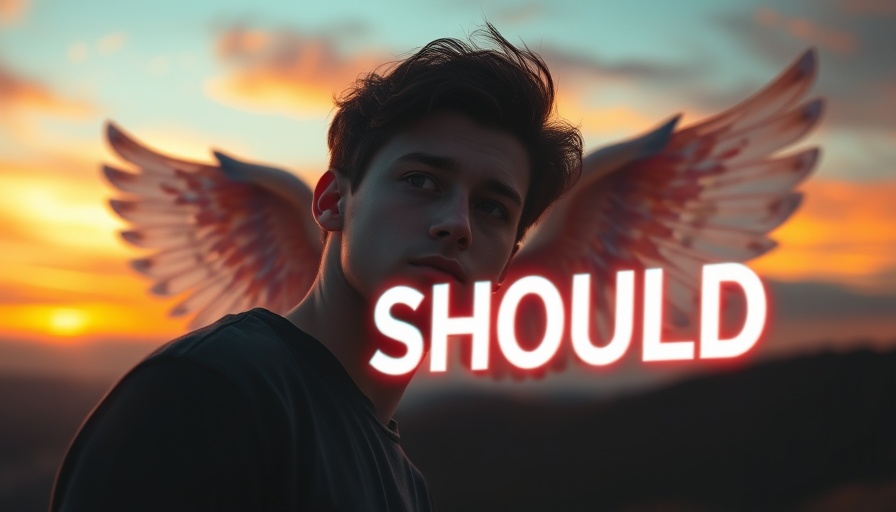 Reflective man gazes at 'SHOULD' text at sunset, symbolizing grieving unmet expectations.