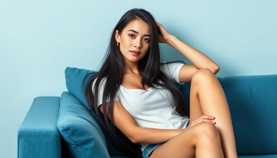 Young woman seated on a blue couch, photorealistic lifelike.