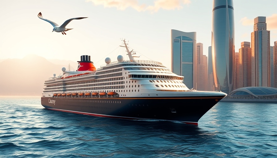 Disney Cruise Line ship sailing near futuristic cityscape