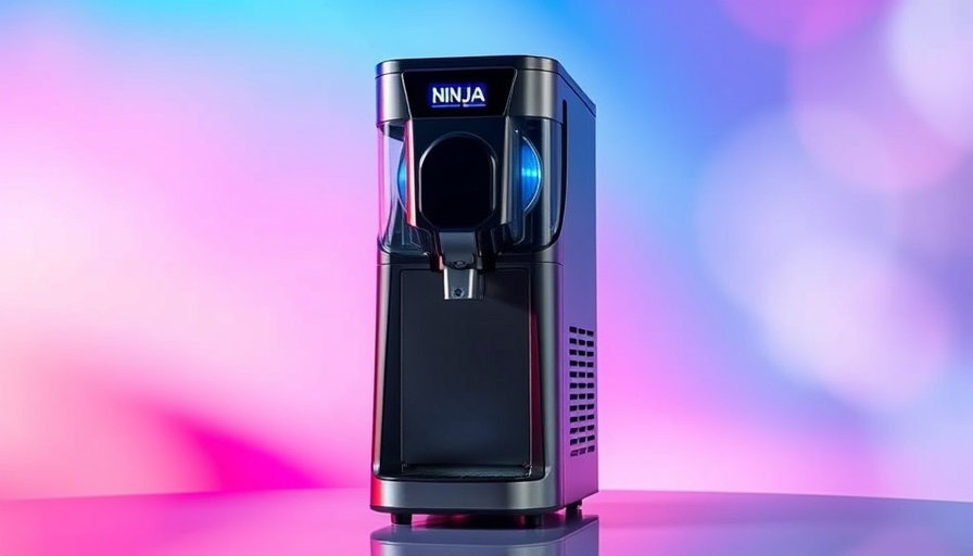 Ninja slushie machine on colorful gradient backdrop, Prime Day deal.
