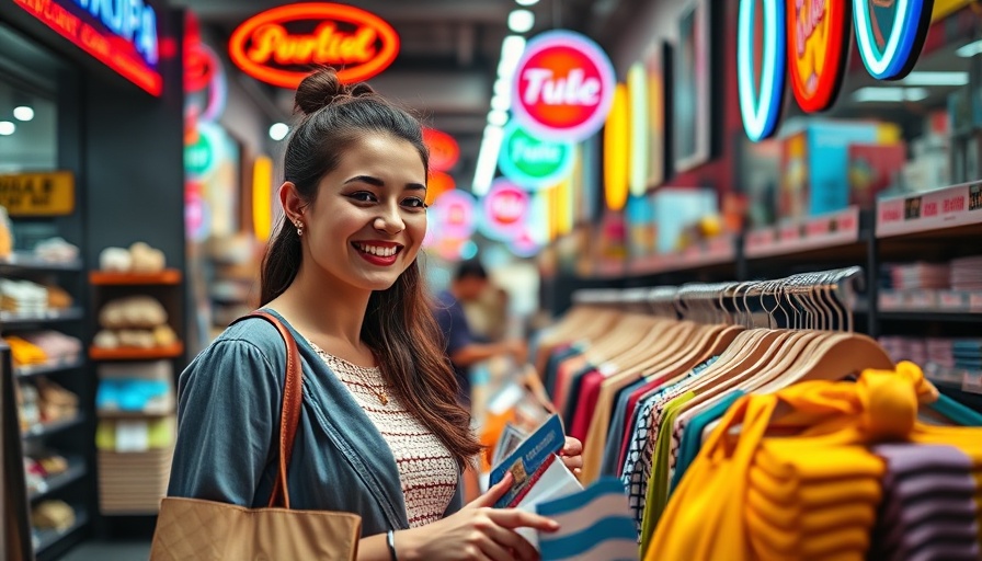 Shopping in Orlando: Woman smiling in vibrant store with neon signs.