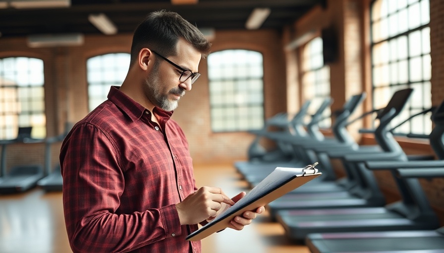 Man with clipboard in gym evaluating equipment, related to fitness equipment movers near me.