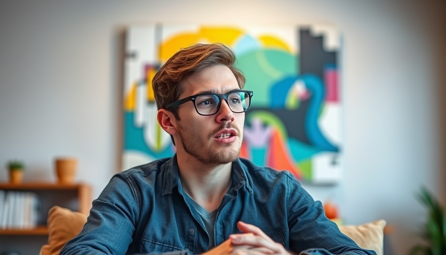 Young man discussing in video, OpenAI updates context, artistic background.