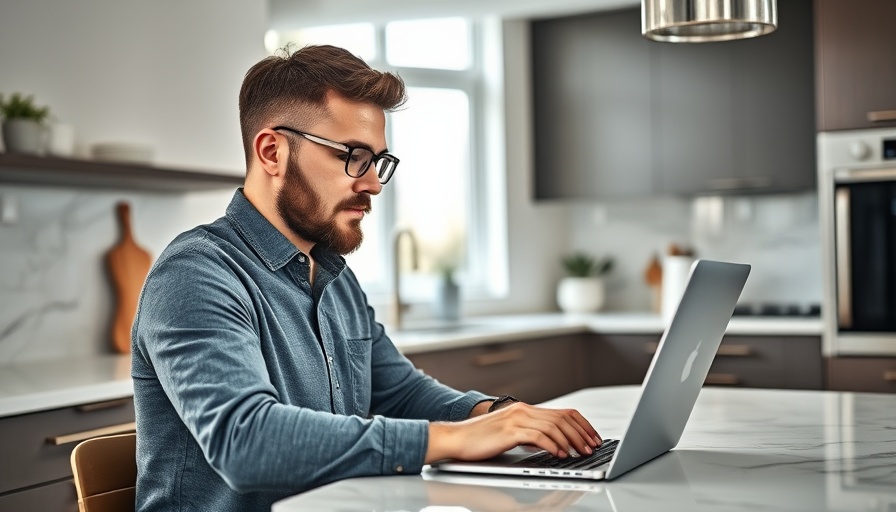 Man working from home in modern kitchen on laptop, natural lighting.