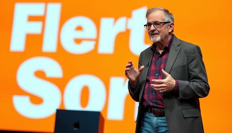 Elderly male speaker on stage with bold orange background, AI tactics for entrepreneurs.