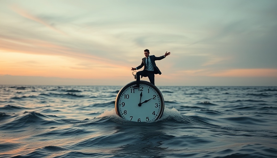 Investment Insights Q3 2025 concept: Man on clock in ocean at sunset.