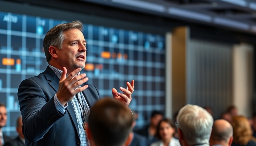 Confident speaker engaging audience, motivating employees through crisis mindset.