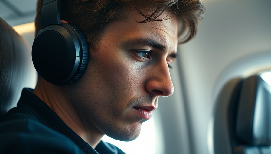 Close-up of person with Sony WH-1000XM6 headphones on a plane.
