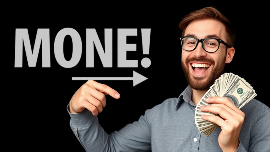 Man holding money with AI-themed text, showcasing success.