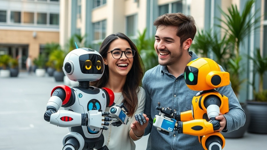Young entrepreneurs engaging with cartoon robots illustrating AI automation benefits.
