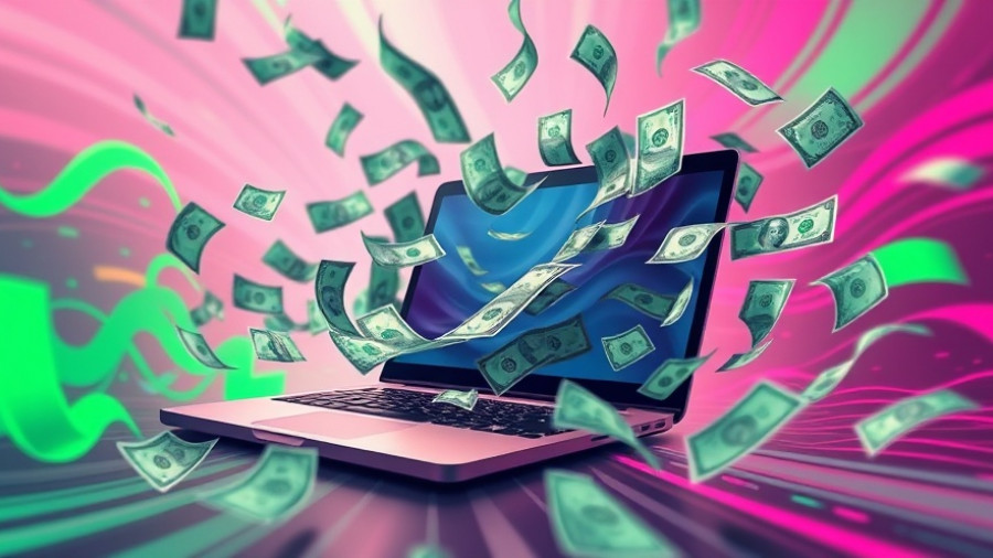Best sales for entrepreneurs: money swirling around laptop in digital art.
