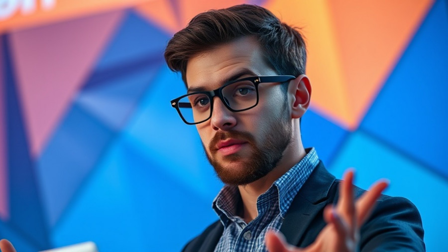 Entrepreneur presenting ideas on AI automation for entrepreneurs with abstract background.