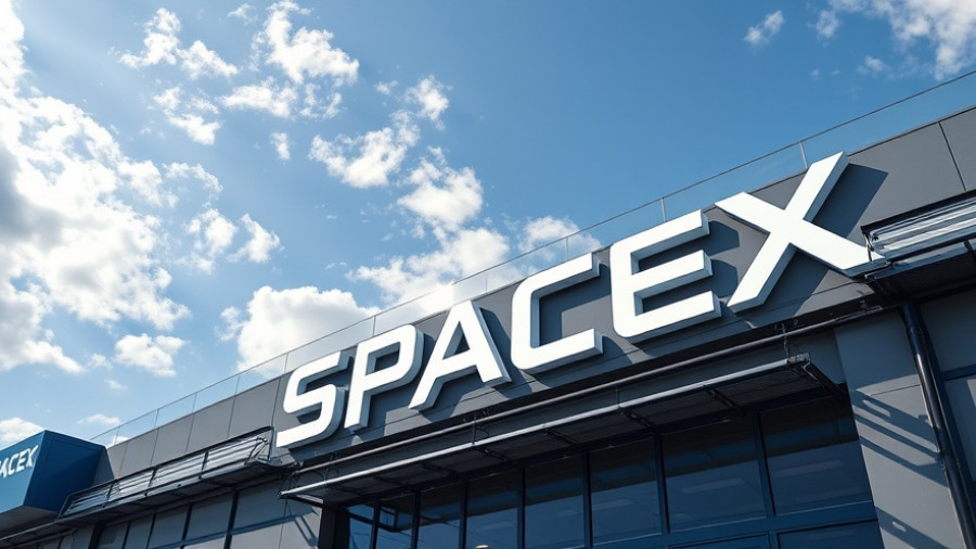 SpaceX logo on industrial building under cloudy sky.
