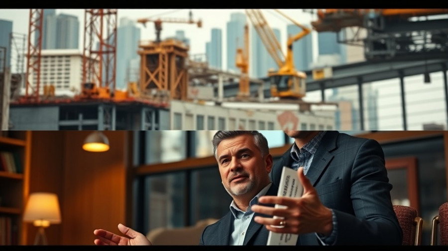 Construction site and presenter explaining progress, enhanced digital overlay.