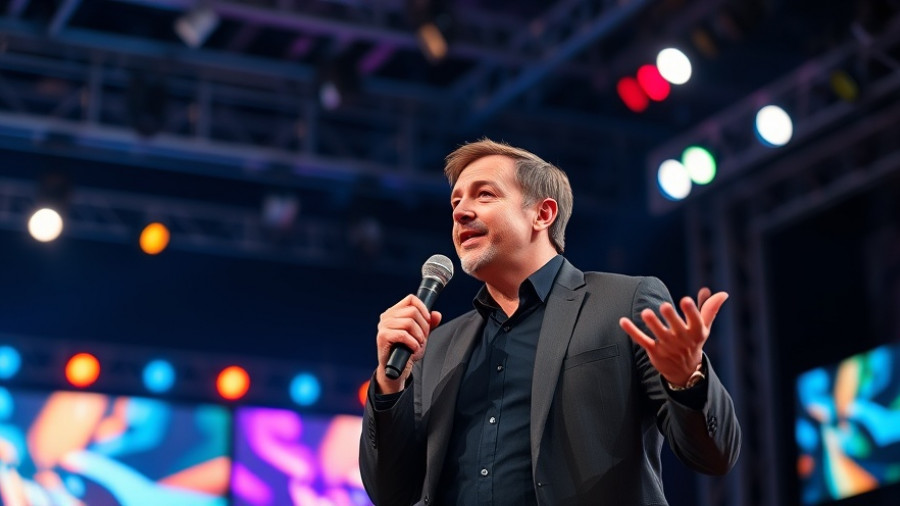 Confident speaker on stage gesturing, vibrant background.