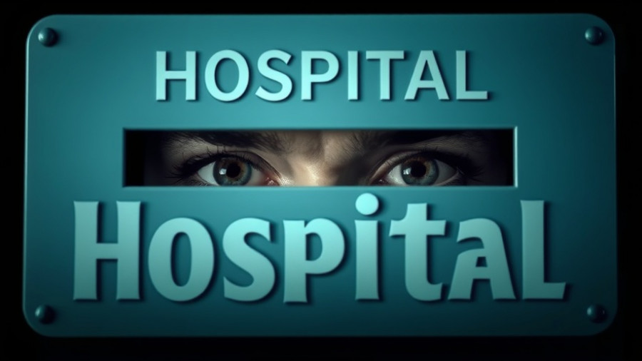 Eyes peering through hospital sign, conveying secrecy and observation.