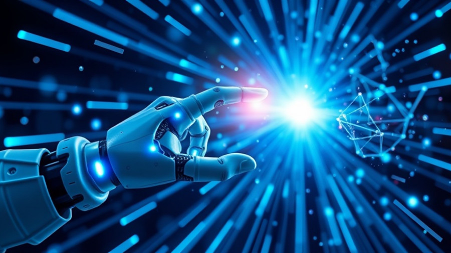 AI technology connecting with human hand amid neon rays, futuristic concept