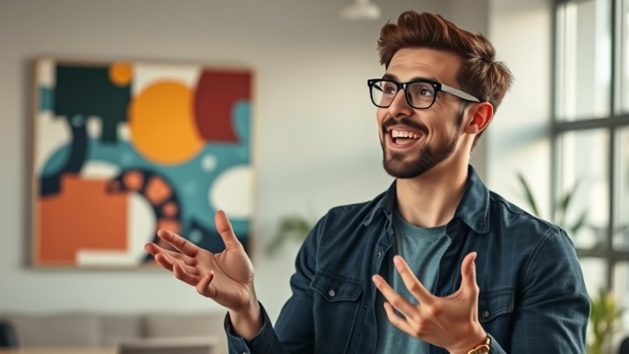 Young man discussing ways to make money with AI in office setting.