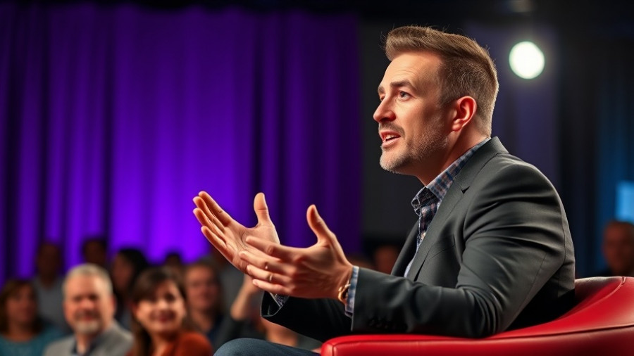 Motivational speaker discussing business growth with engaging gestures on stage.