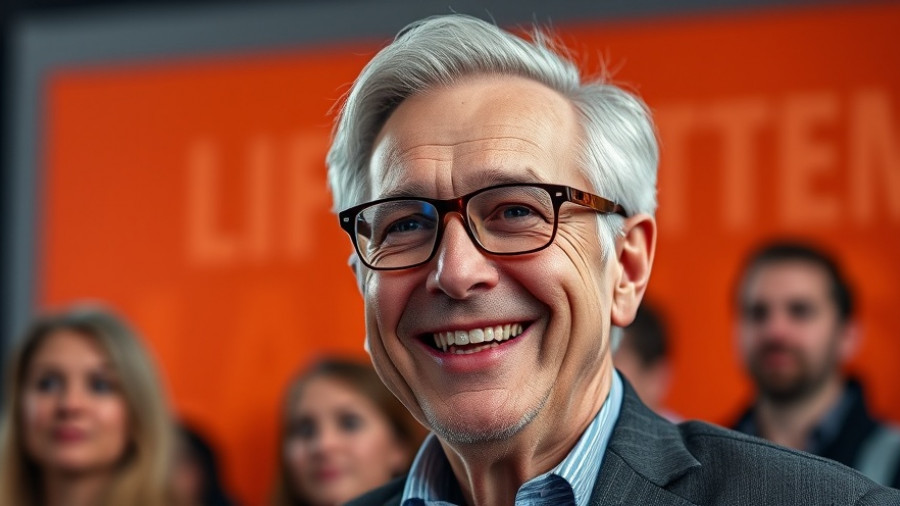 Writer's room concept scene with a smiling speaker on orange.