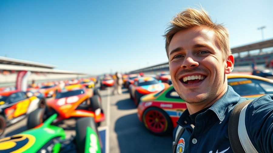 Cheerful man at car race event, building client relationships theme.