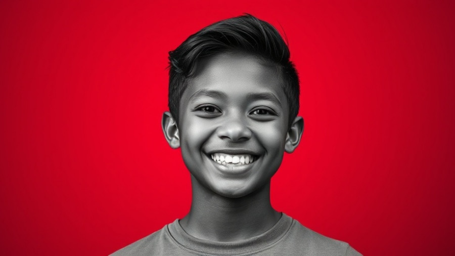 Monochrome portrait of young person, vibrant red background
