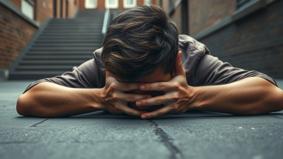 Frustrated young man on pavement, no work experience dilemma.