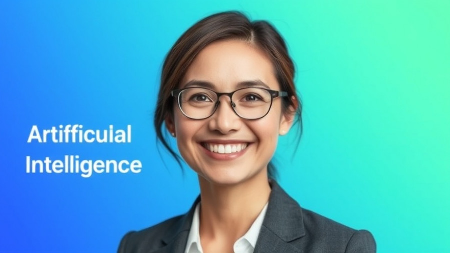 Discussion on AI implications with smiling woman against tech background.