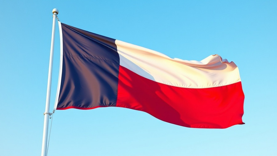 Vibrant Texas flag waving against clear blue sky.
