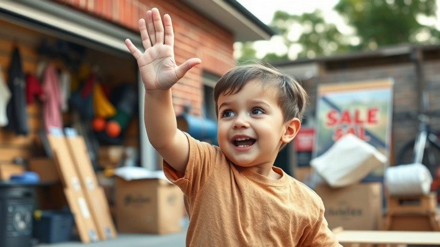 Child engaging in a garage sale outdoors.