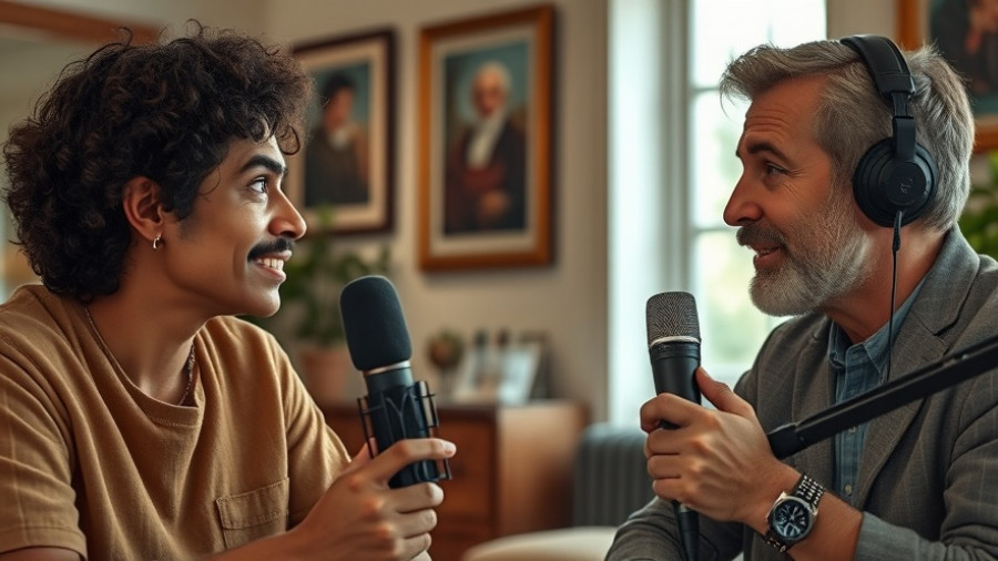 Podcast discussion in a warm interior setting.