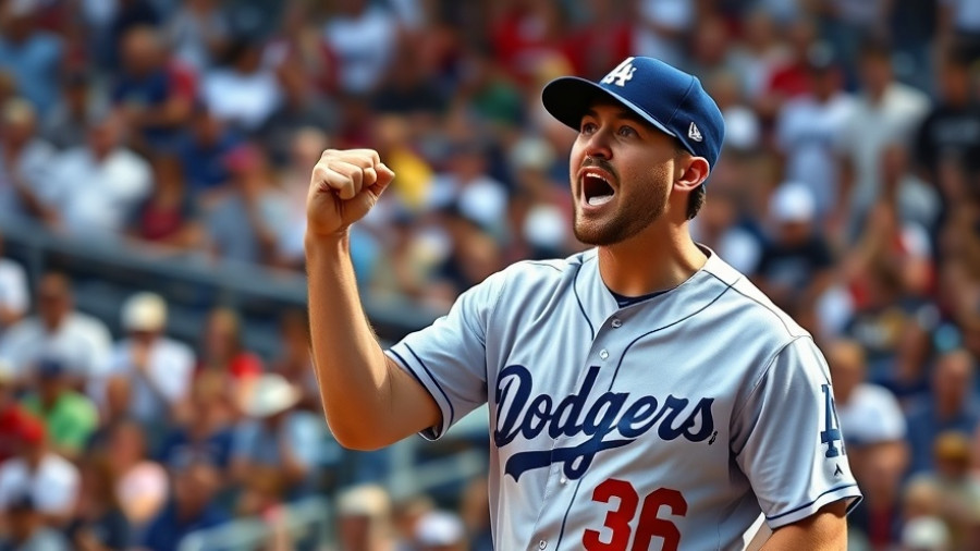 Excited Dodger pitcher celebrating on field during a game.