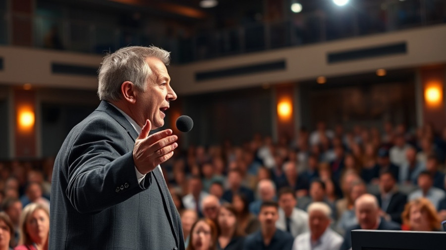 Speaker addressing audience on AI in business growth with enthusiasm.