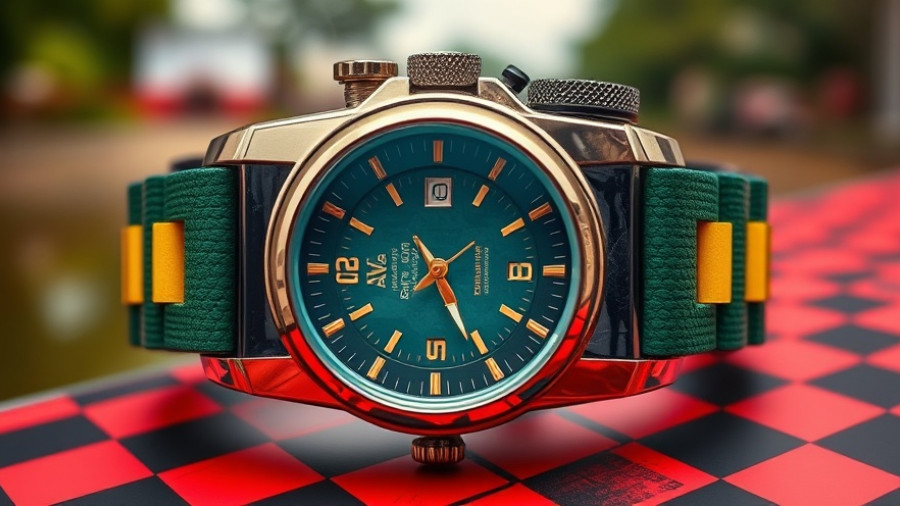Artistic layout with a watch, camera, and photo on a checkerboard.